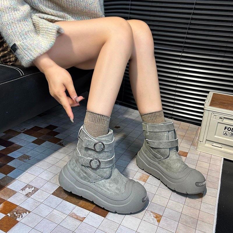 Thick-soled snow boots, new winter velvet thickened warm retro buckle with big head cotton boots