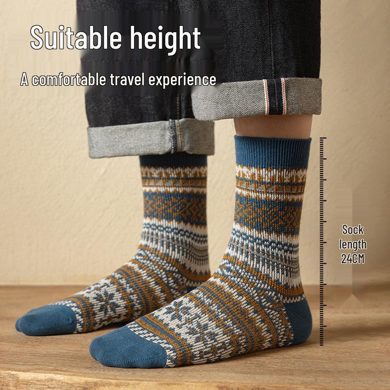 Herrensocken im Ethno-Stil, mittelhoch, doppelt gestrickt - Antibakteriell, Retro für Herbst/Winter