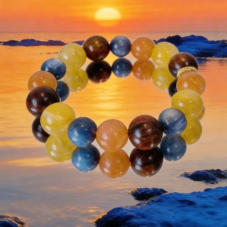 Natural Crystal Original Design Bracelet with Yellow Rutilated Quartz, Brazilian Blue Crystal, and Yellow Rosewood for Wealth and Fortune, High-End