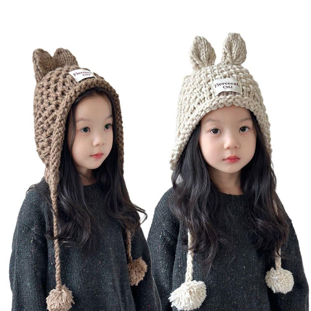 Rabbit Ear Kids Knitted Hat Solid Color Warm Winter Cap Warm Crochet Beanie Outdoor Winter