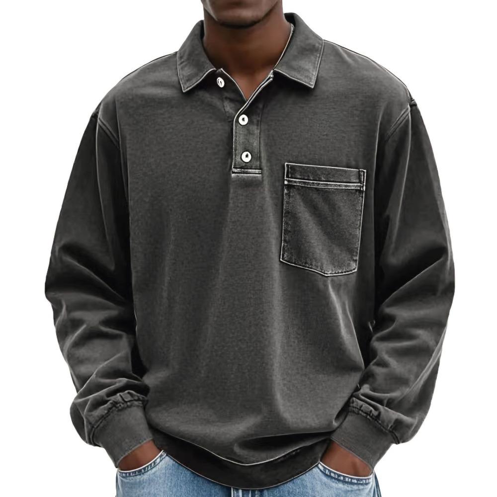Новая мужская повседневная универсальная простая свободная рубашка с длинным рукавом на пуговицах поло S чёрный