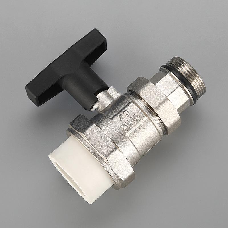 Double-Circuit PPR Ball Valve with Male/Female Threads, Double Union, Straight-Through, Buffer Tank, High Stem, Large Bore, Brass Valve