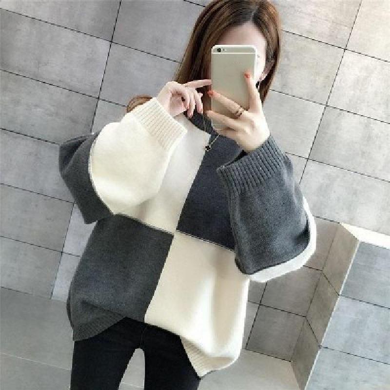 Autumn Winter Loose Pullover Sweater Top Women's Bottoming Contrast Knitted Sweaters