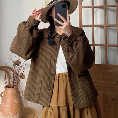 Casacos Primavera Vintage Casuais Gola Reversível Listrados Versátil Bolsos Soltos Casacos Femininos