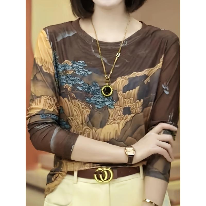 

Landscape Print Long Sleeve T-shirt, Casual Crew Neck Top For Spring & Fall, Women s Clothing XXL