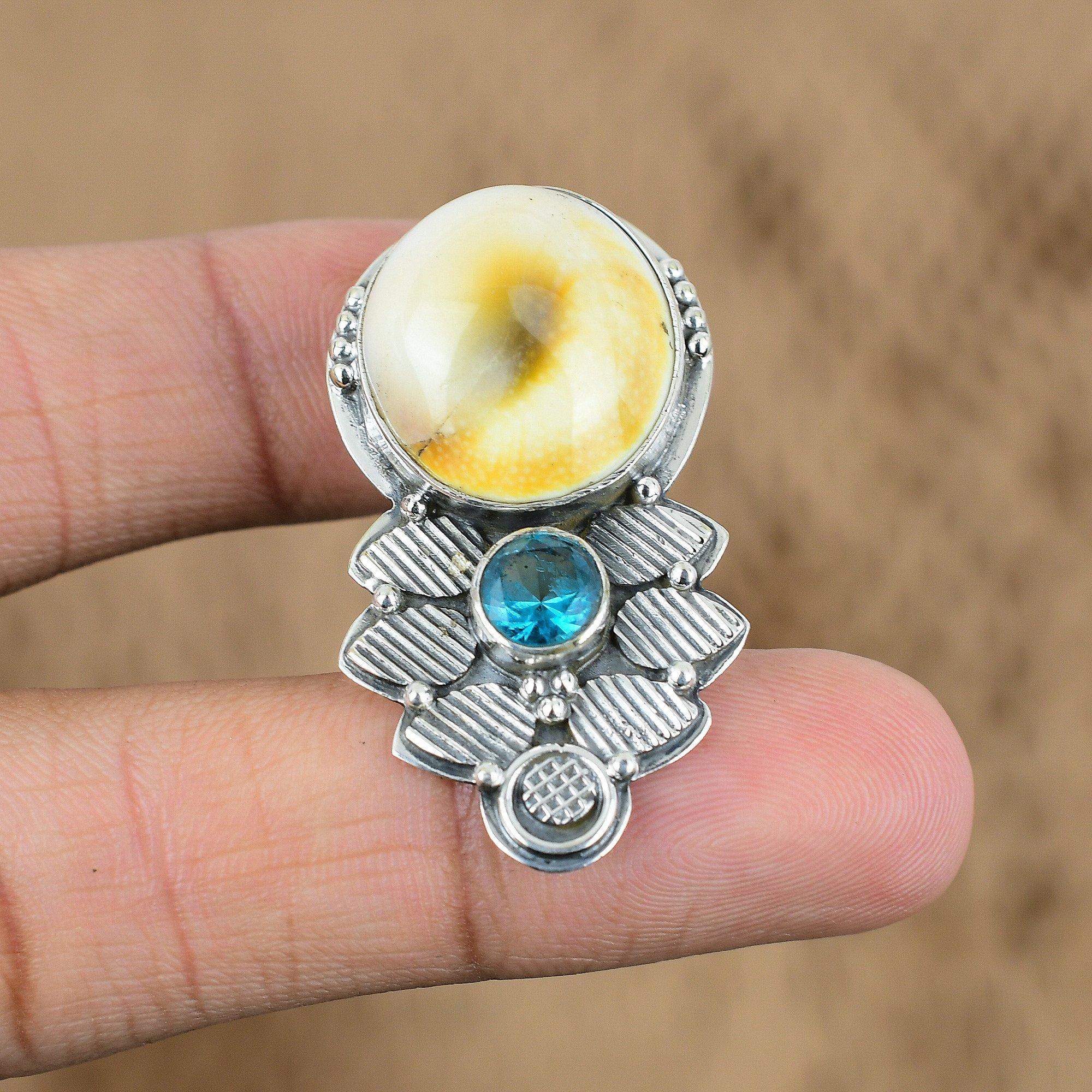 

925 Silver Round Natural Shiva Eye Shell Swiss Blue Topaz Ethnic Pendant Jewelry