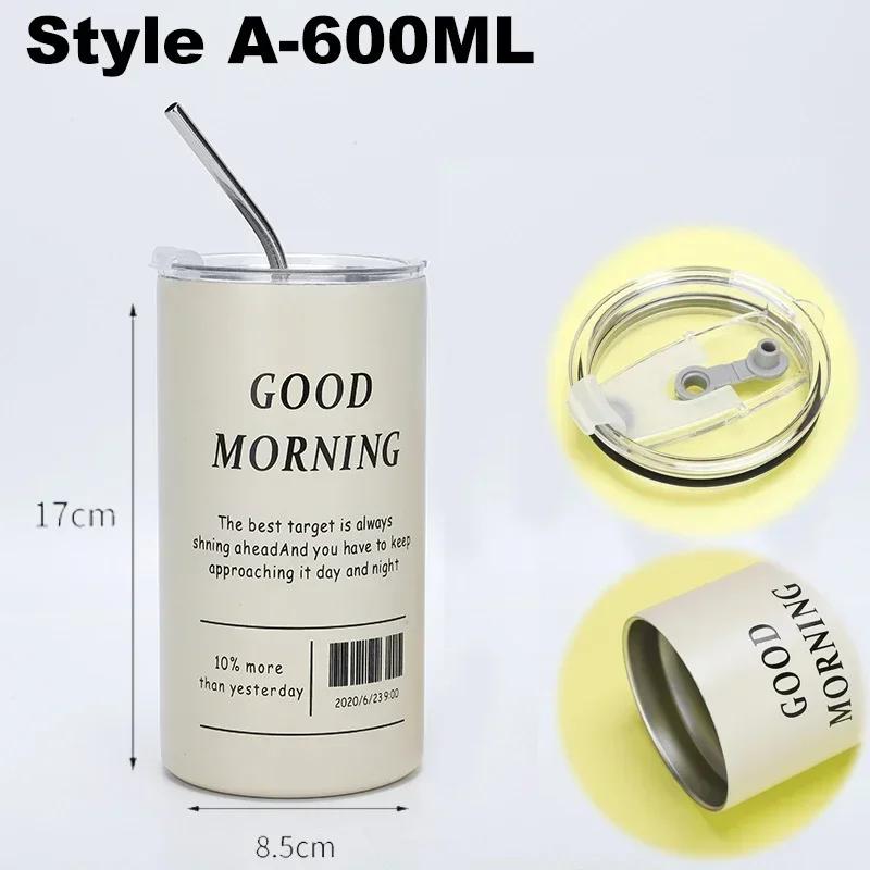 304 Stainless Coffee Cup Steel Double -layer Thermos Cooler Straw Cup Portable Reusable Ins Ice American Coffee Mug Water Bottle