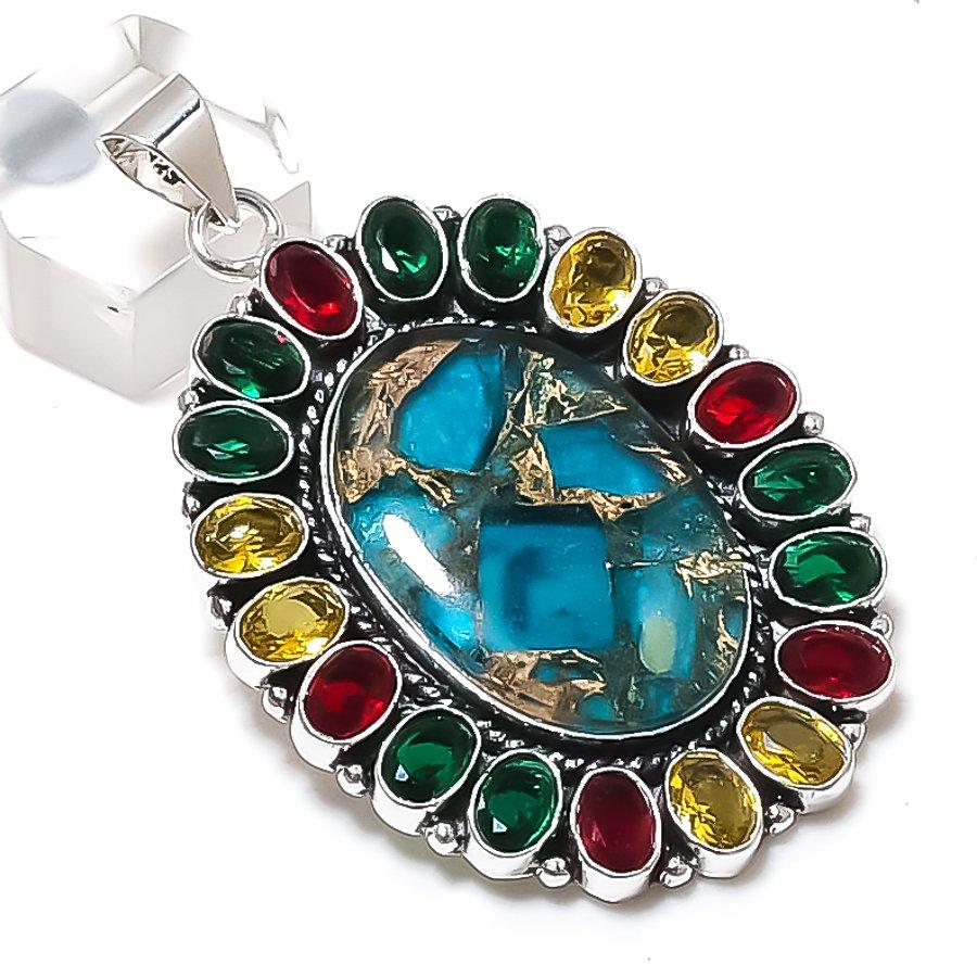 Natürlicher Kupfer-Türkis Edelstein 925 Sterling Silber Schmuck Anhänger 2,56" ETC-13792