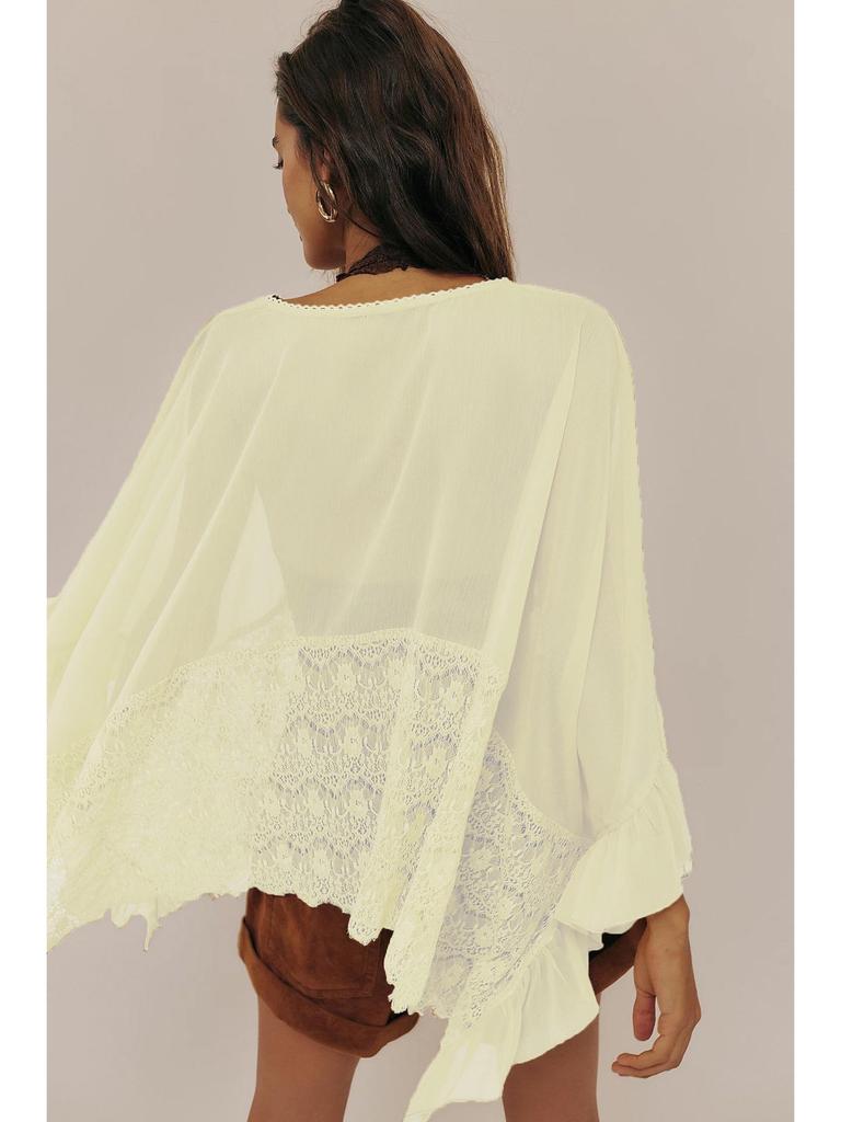 Women's Batwing Sleeve Mesh Cover-up: Spring/Summer Loose Beach Top with Lace Patchwork and Sun Protection.