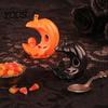 Detailed Ghost Face Decor LED Light-Up Halloween Pumpkin Moon Figurine, Spooky Crescent Skull Decoration Night Light for Home Desktop Shelf
