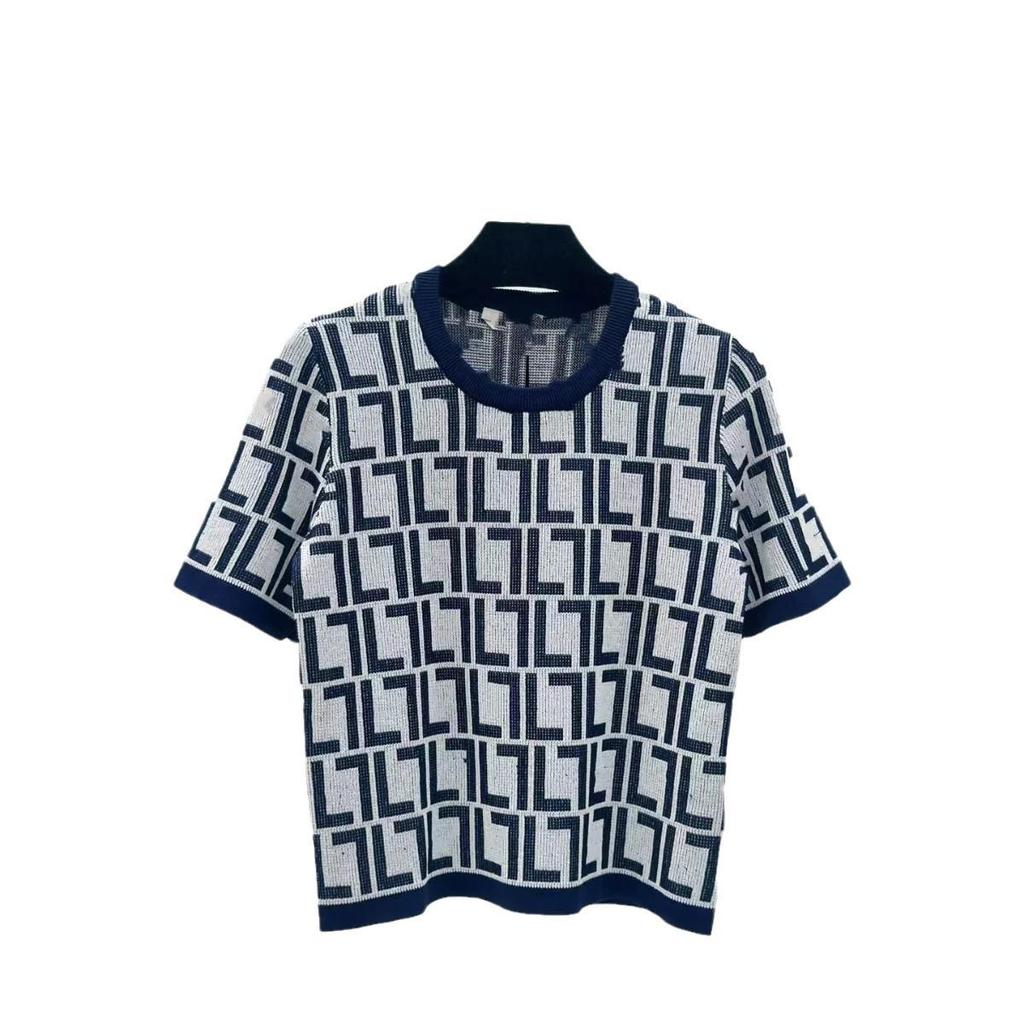 2024 Trendy Classic Letter Jacquard Knit Short Sleeve Top