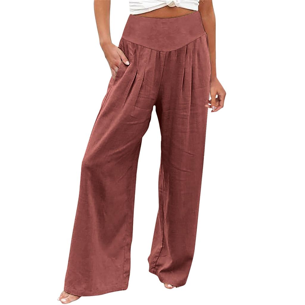 Summer Cotton Linen Wide Leg Pants Women Loose Palazzo Pant Pocket Elastic Waist Casual Pants