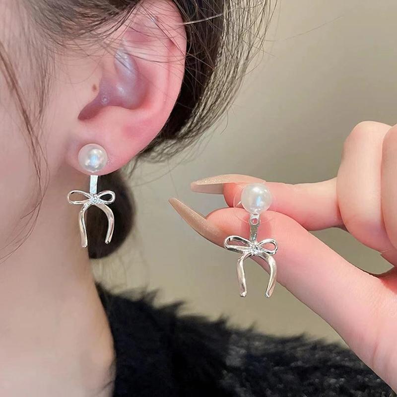1Pair Korean Style  Pearl Bow Earrings For Women Girls High End Simple Elegant Ear Studs Wedding Party Jewelry Gift