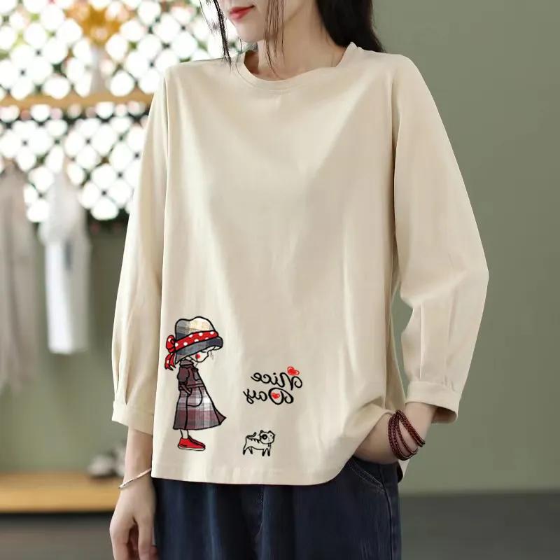 Bomulls T-shirt med nioärm för dam, vår och höst, koreansk stil, enfärgad, lös, plus size, rundhalsad topp