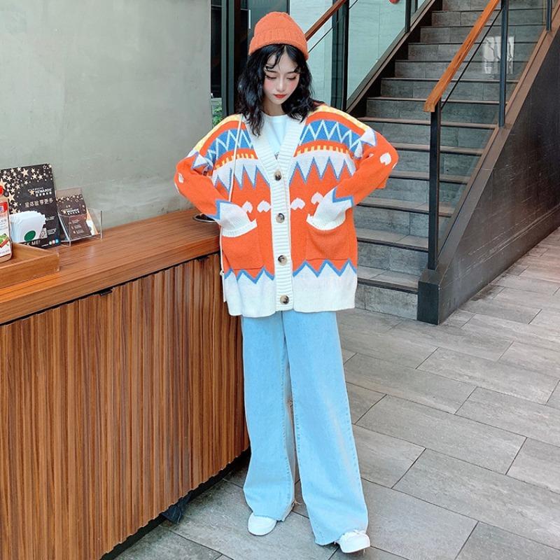 V-neck color lazy style Korean thick loose cardigan, autumn and winter new ladies gentle and cute sweater jacket 6010