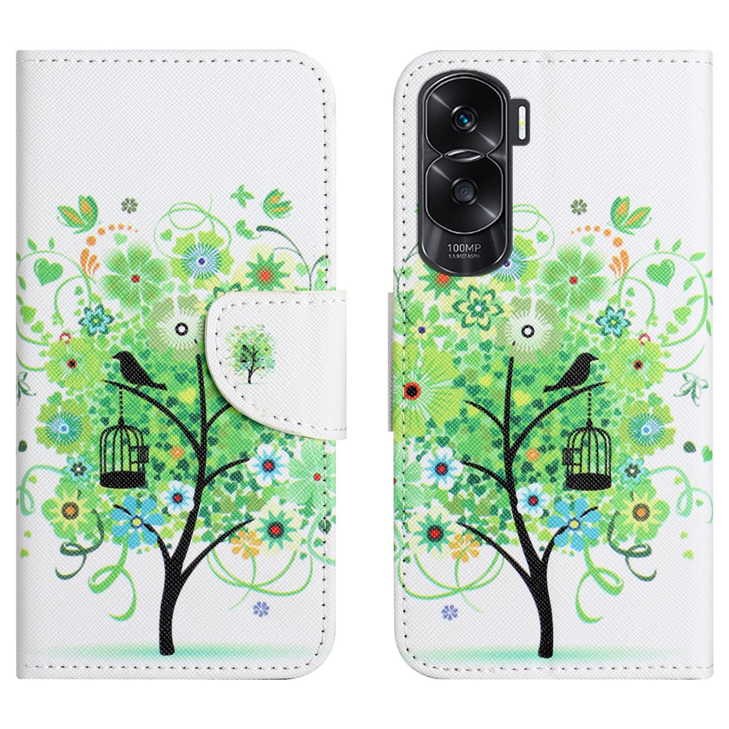 

Wallet Phone Case for Honor 90 Lite 5G/X50i 5G,Pattern Printing PU Leather Cross Texture Stand Cover Green Tree