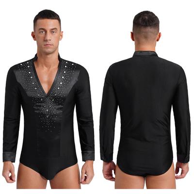 Body da ballo latino con scollo a V da uomo, moderno, jazz, rumba, chacha, camicie da ballo, tuta, competizione, pattinaggio artistico, esibizione sul palco