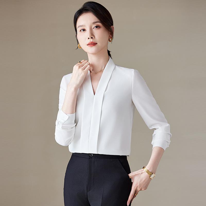Women’s Long Sleeve V-Neck Chiffon Shirt - Elegant Design for Spring & Autumn Professional Interviews