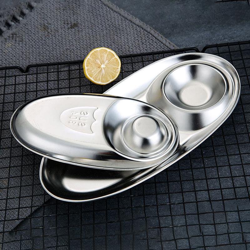304 Stainless Steel Snack Plate with Built--in Sauce Cup Multifunctional Appetizer Tray for French Fries Dumpling Serving Dish