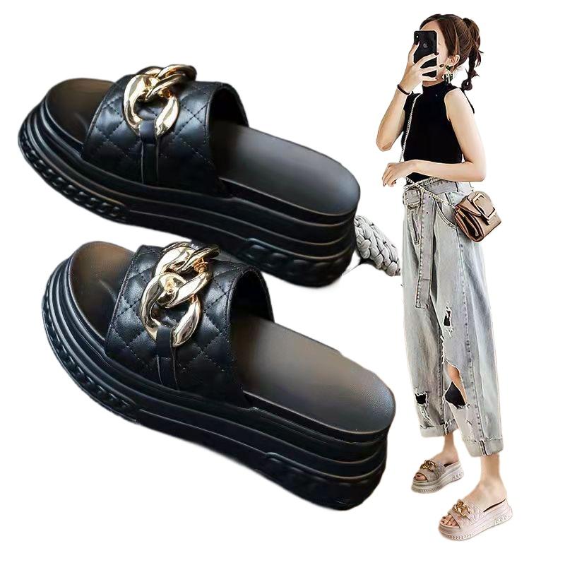SyfIyno Summer New Sandals Summer Pine Cake Thick Bottom Slippers Fashion Chain Trendy Women's Slippers