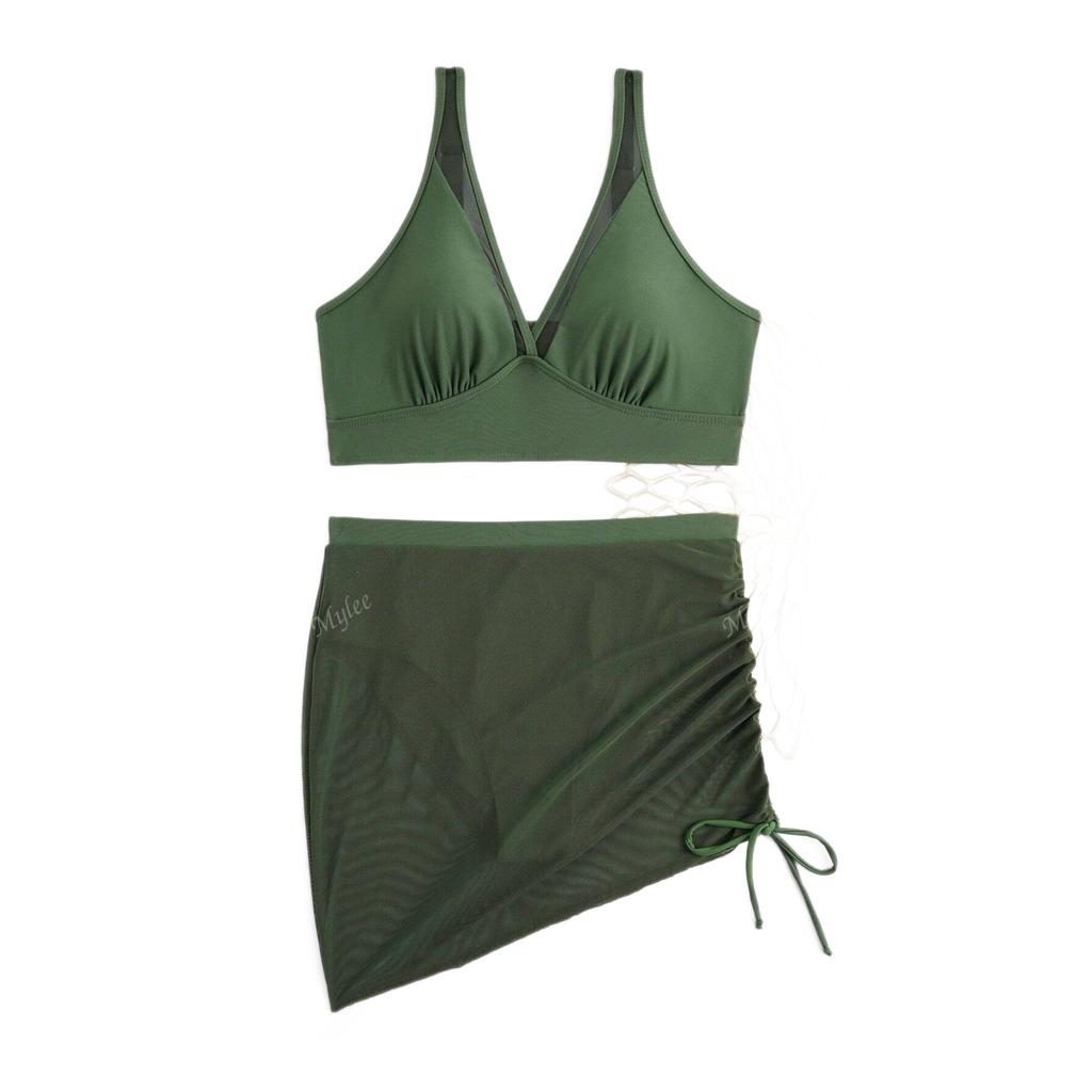 Bikini Solid Color European And American Sexy Mesh Splicing Drawstring Split Women'S Swimsuit