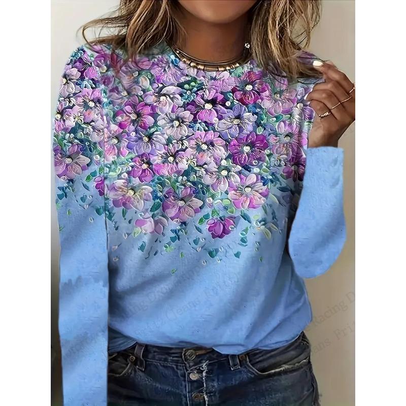 Bright Vibrant Flower 3d Graphic Print T-Shirt Women Fashion Casual Oversized Long Sleeve T-shirt Women Clothes Blossom Tops Tee