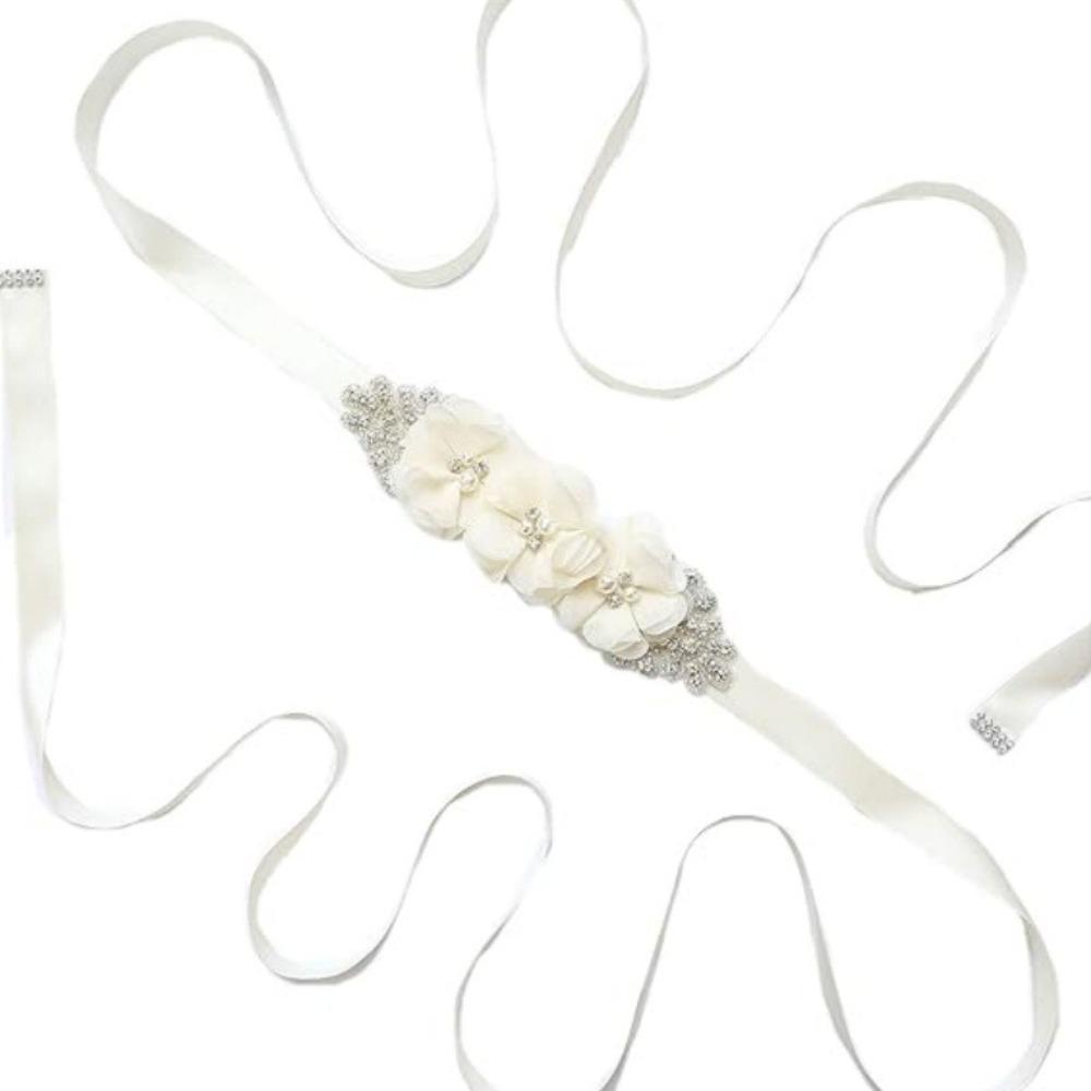 Pearl Embellishment Flower Sash Belt Handmade Beading Rhinestone Waist Band Party Dress Up