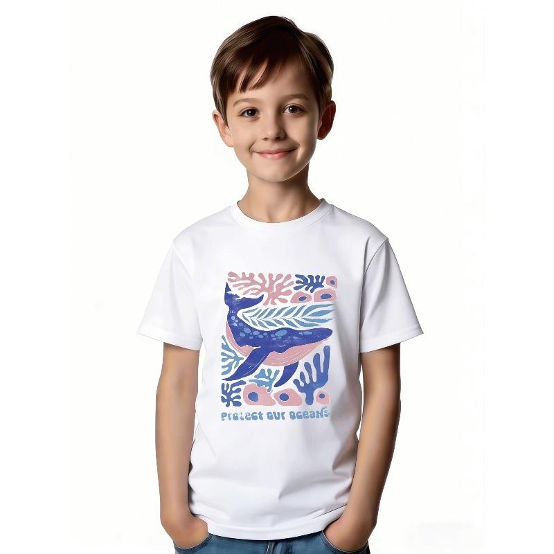 European sizes Protect Our Oceans Whale Print Soft Comfortable Breathable Skin-friendly Casual Short-sleeved T-shirt Trendy Summer Kids' Top