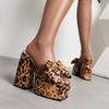 Wildleder Schleife Eckige Zehenpartie Superhoher Dicker Absatz Laufsteg Damen Slipper Plateau Leopardenmuster Sexy Outdoor Slipper