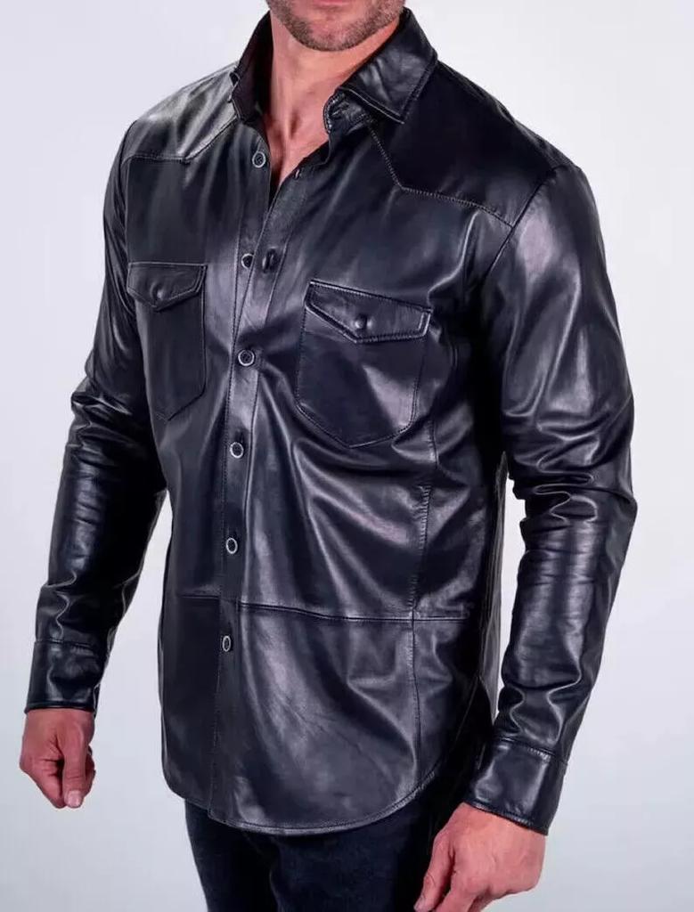 Handmade Stylish BLACK Real Lambskin Casual Biker Motorcycle Men's Leather Shirt