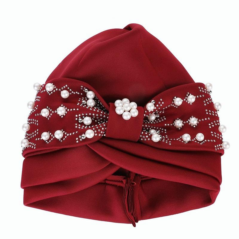 Women's Solid Color Hot Drilling Pearl Turban Hat Cap Head Hat Accessories