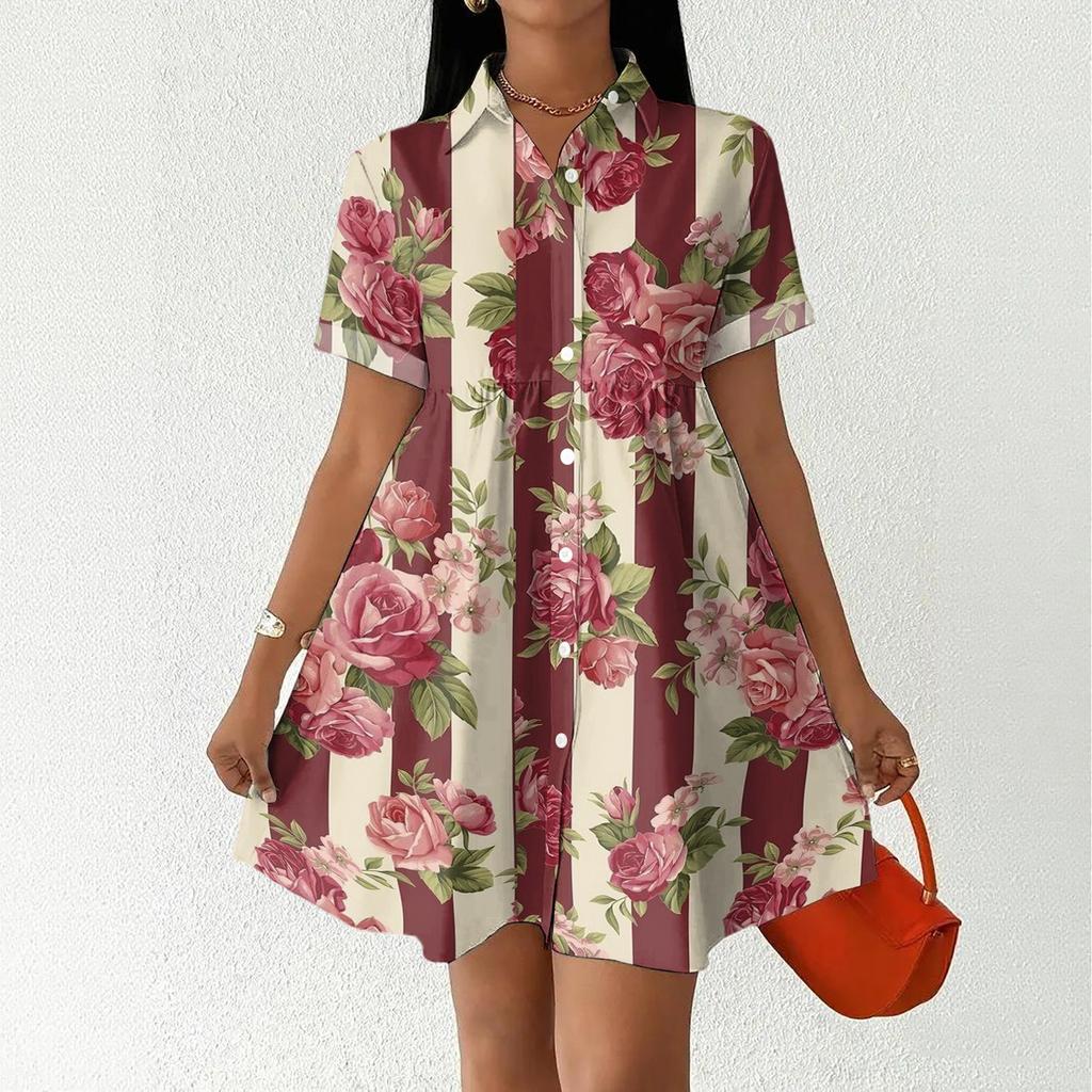 Women's Casual Loose Fit Shirt Dress Button Front Stand Collar Short Sleeve Polka Dot Patterned Dress for Everyday Wear