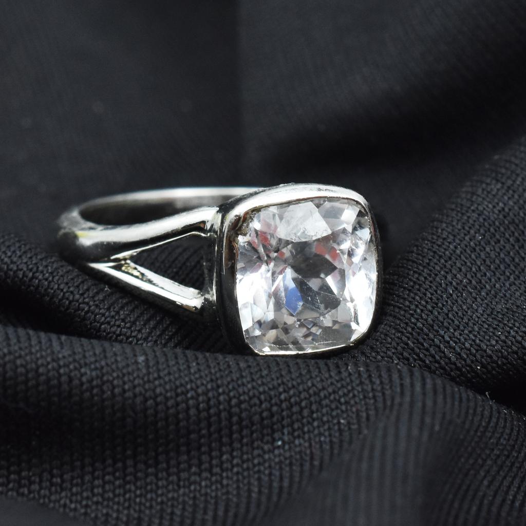 20.00 Carat White Sapphire Silver Ring Size 8.5 Square Shape Best Ring Gemstone AR-.3133-Sa