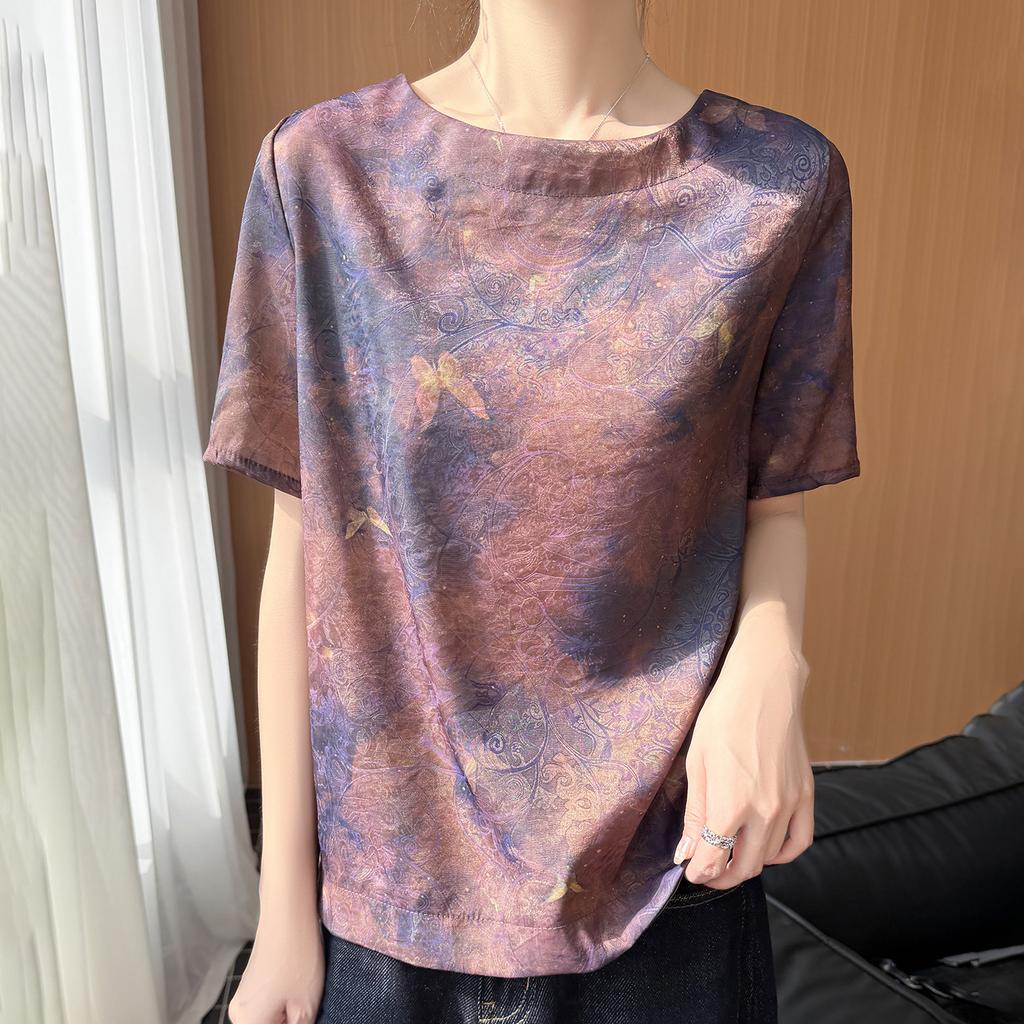 Traditional Chinese Pattern Stretchable Short-sleeved Women's Round-neck Versatile Stylish Loose-fitting Slimming T-shirt Top
