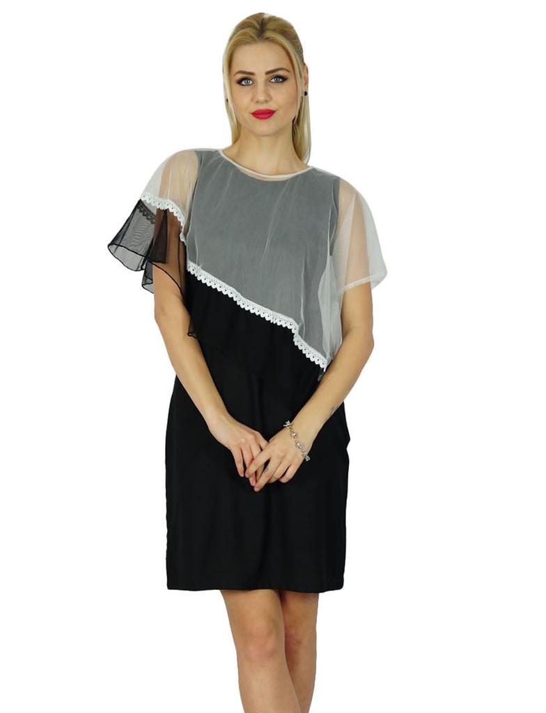 Bimba Women Short Mini Black Bodycon Dress With Asymmetrical Poncho Classic