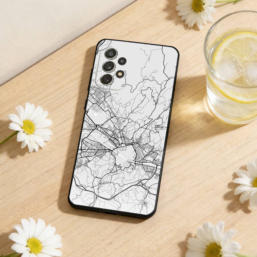 Famous City Sketch City Map Phone Case For Samsung S26,S25,S24,S21,S22,S23,S30,Ultra,S20,Plus,Soft Silicone Black Cover