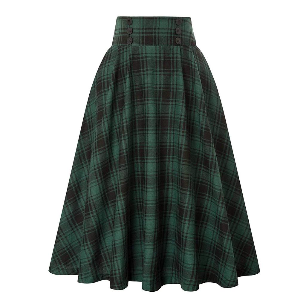 Vintage Damen Karorock Mode Lässig Taschen Vintage Hohe Taille Kariert Plissee Rock Frühling Herbst Damen Midiröcke