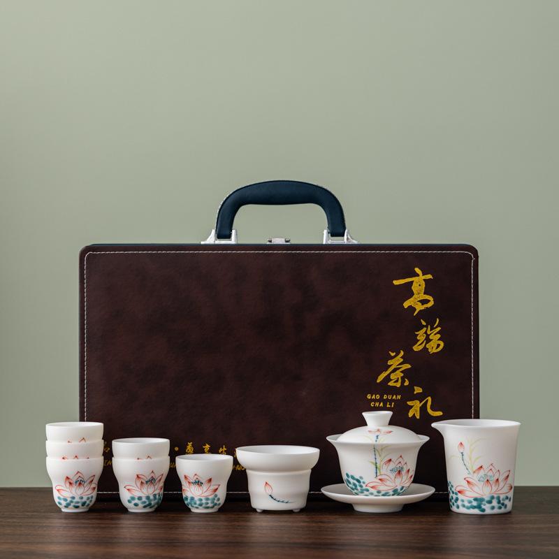 White Pottery Hand-painted Plain-fired Suet Jade Porcelain Tea Set Business Company Annual Meeting High-end Gifts