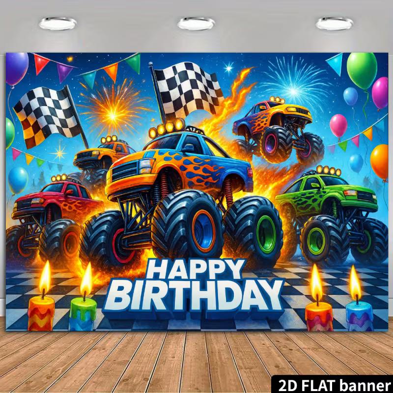 2D Monster Truck Party Backdrop - Flaming Truck Banner for Boys Racing Birthday Photoshoot 47.2x31.5inch/120*80cm