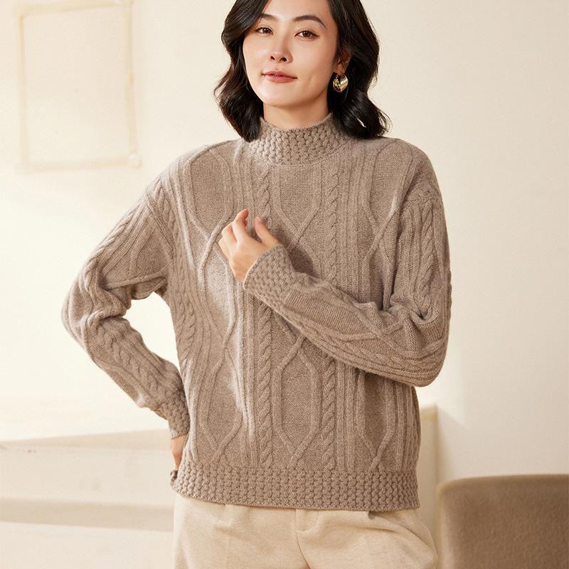 Women's Heavy Knit Wool Cashmere Cable Sweater with Half-High Neck - New Loose Fit for Autumn/Winter