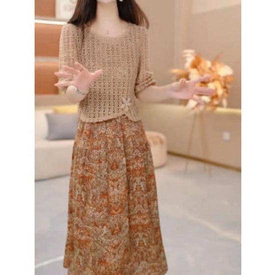 

2026 Stylish Two-Piece Mother s Dress: Spring/Summer High-End Skirt for Women 50+ 2XL жёлтый/имбирный