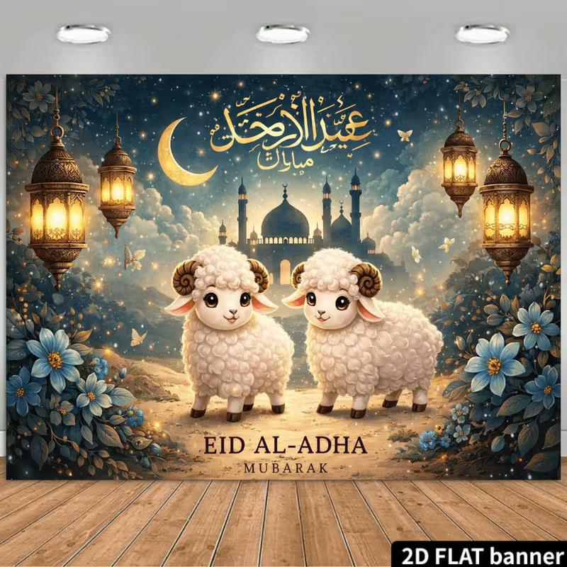 

2D Flat Eid Mubarak Photography Backdrop Eid Al-Adha Moon Lantern Islamic Party Banner 47.2x31.5inch/120*80cm