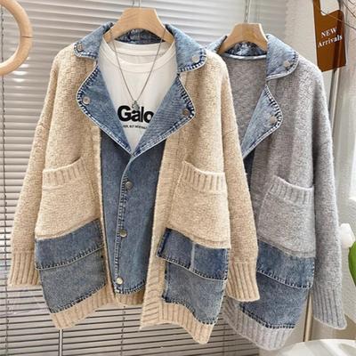 Fashion Casual Denim Spliced Long Sleeve Knitted Cardigan Loose Thick Women Sweater Coats Winter Autumn New