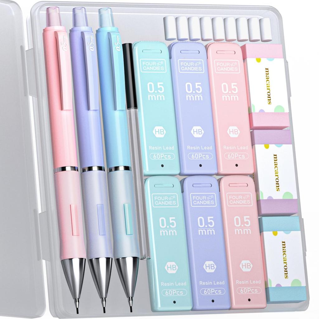 Four Candies Pastel Mechanical Pencil Cute 360 HB Lead Eraser Easy To Use for Drawing and Junior High School Students Set, Colors, 0.5mm, 3-Piece Set,