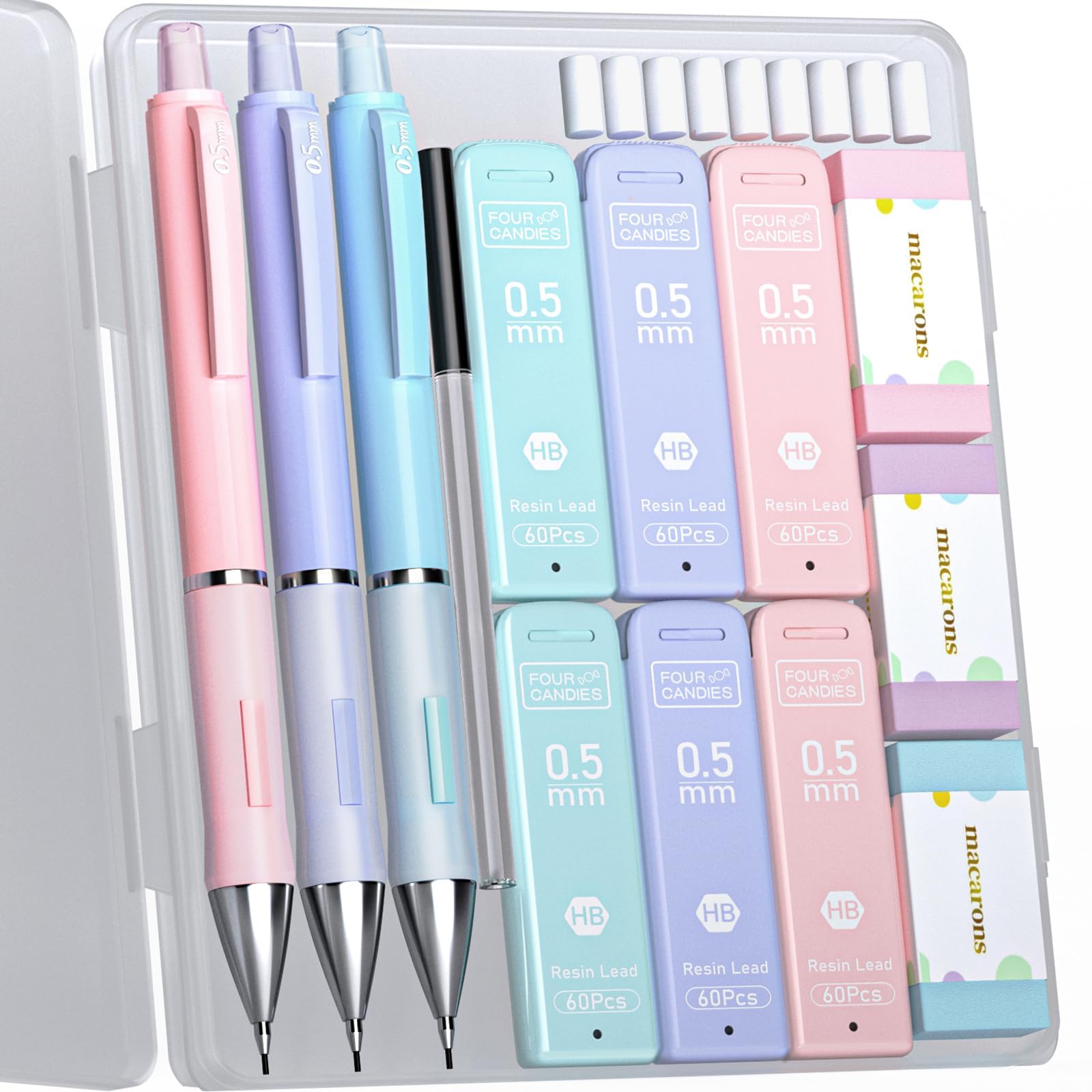 

Four Candies Pastel Mechanical Pencil Cute 360 HB Lead Eraser Easy to Use for Drawing and Junior High School Students Set, Colors, 0.5mm, 3-Piece Set,