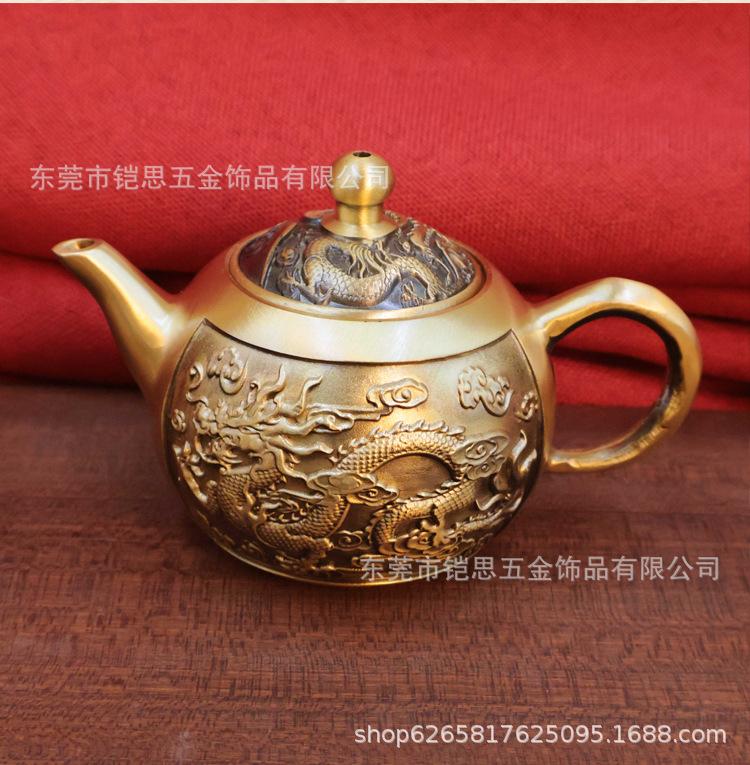 Brass Dragon and Phoenix Handheld Ornament Small Teapot Craft Set Wine Pot Office Tea Seat Home Decor