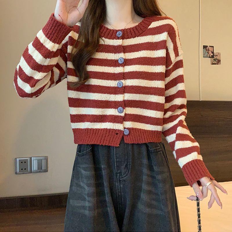 

Red Sweet Spicy Style Stripe Sweater Coat Women s Autumn Long Sleeve Knitted Cardigan Short Unique Chic Top one size червоний