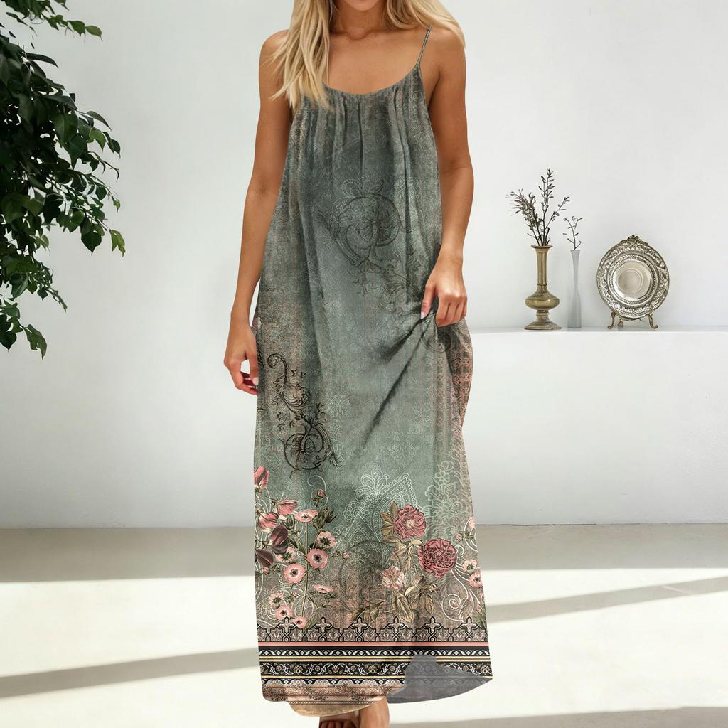 Women's Fashion Backless Spaghetti Strap Casual Loose Floral Print Dress