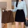 Women's Corduroy A-Line Skirt - Coffee, Black, Brown; High-Waist, Slim, Petite Fit; Short Skirt for Autumn/Winter.