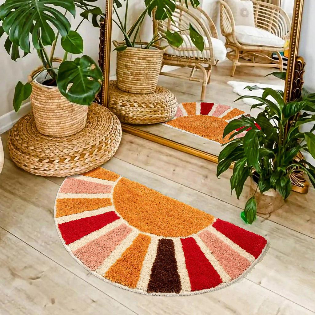 Non-Slip Bath Mat Sun Flower Half Round Door Mat Decorative Soft Microfiber Machine Washable Plant Water Absorbent Bathroom Mat